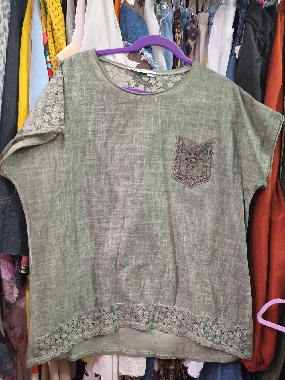 Women's Olive Lace Accent Short Sleeve Top